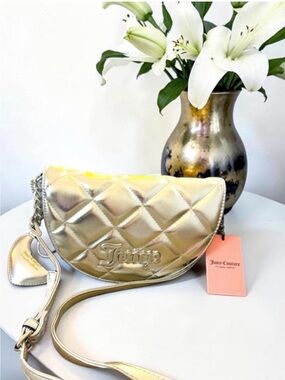 Juicy Couture Gold Quilted Silver Crossbody NWT "Pretty Game Strong" Bag